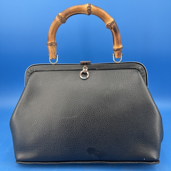 The Unbranded Brand Handbags - VTG 60s Black Pebbled Top Handle Handbag Bamboo Handle Frame Purse Classic